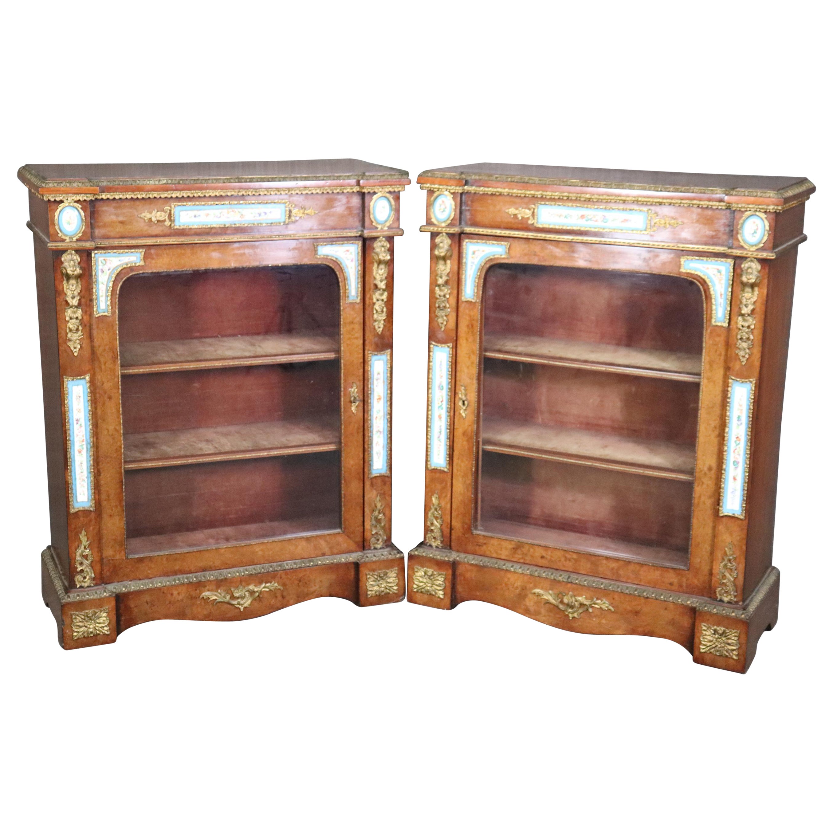 Rare Pair Burled Walnut and Porcelain Plaques and Bronze Ormolu For Sale