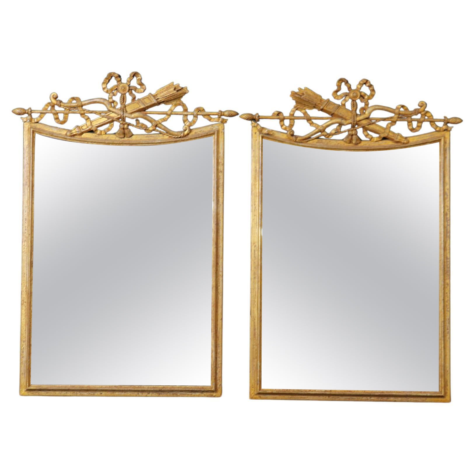 Rare Pair Carved LaBarge Giltwood French Quiver of Arrows and Bow Mirrors