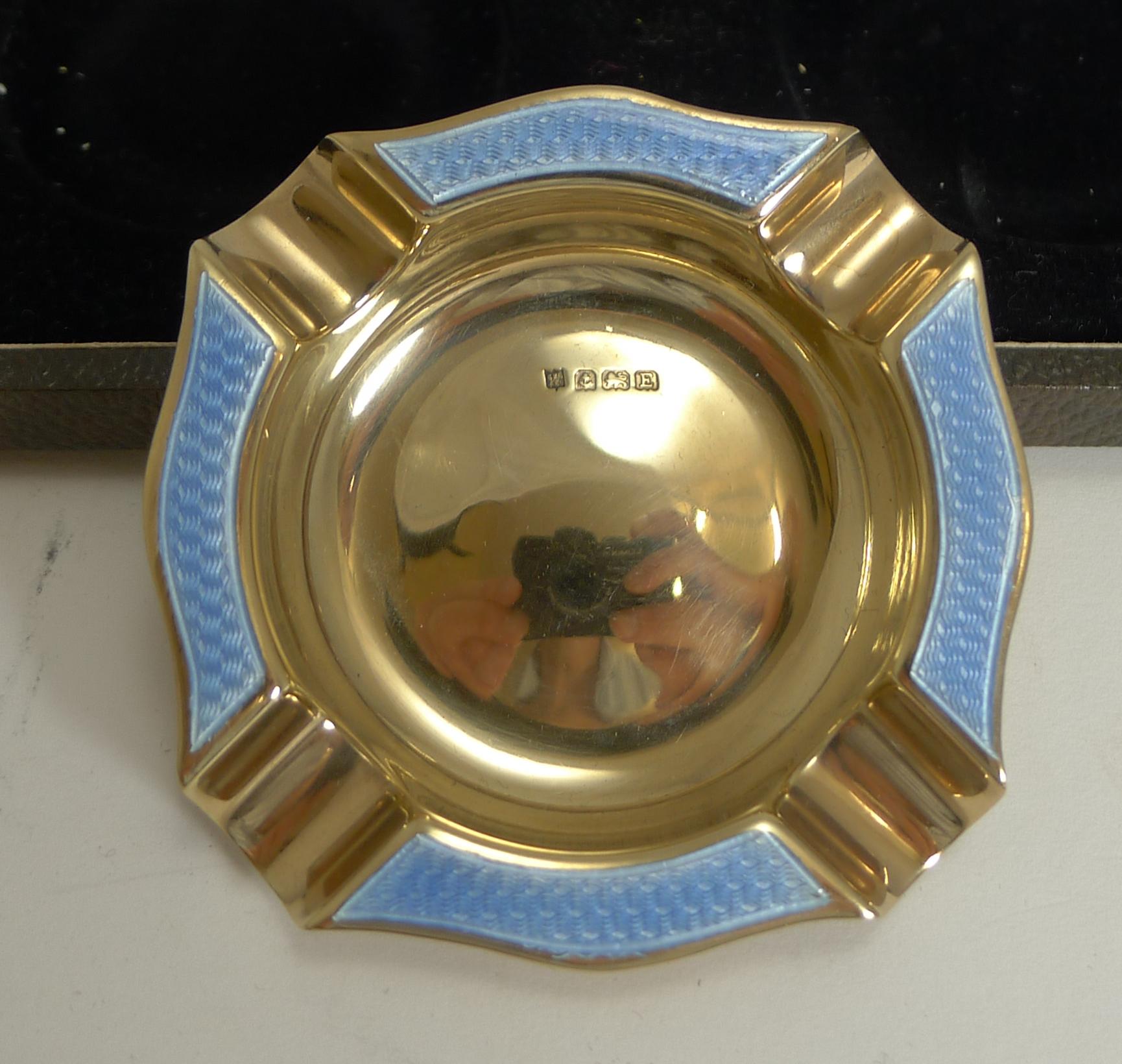 Sterling Silver Rare Pair of Cased Silver Gilt and Blue Guilloche Enamel Ashtrays, 1929