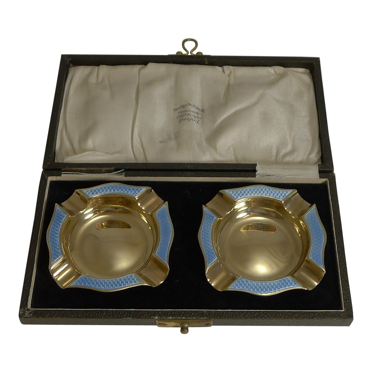 Rare Pair of Cased Silver Gilt and Blue Guilloche Enamel Ashtrays, 1929