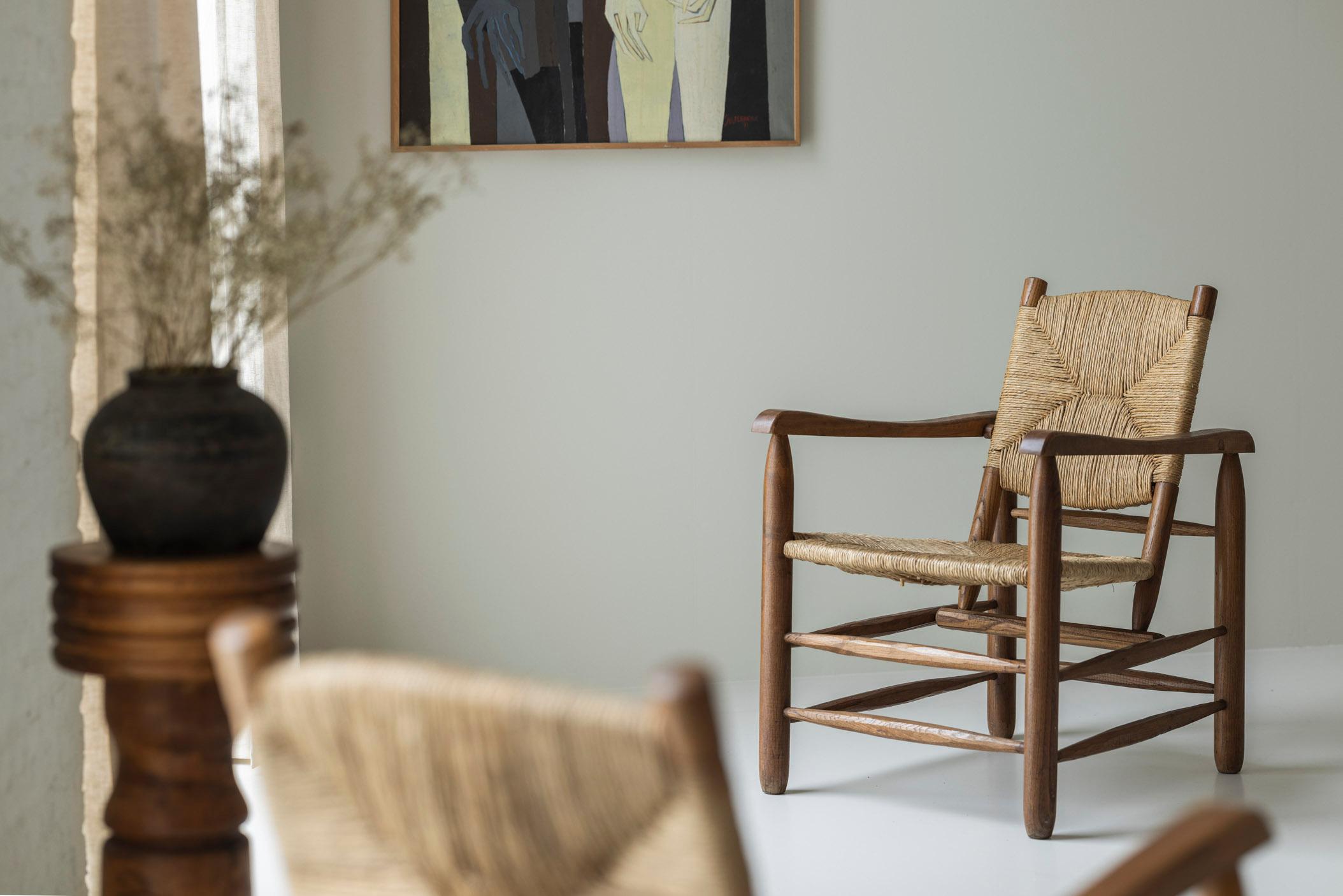 Straw Rare pair Chamrousse armchairs by Charlotte Perriand / Steph Simon, France 1940s For Sale