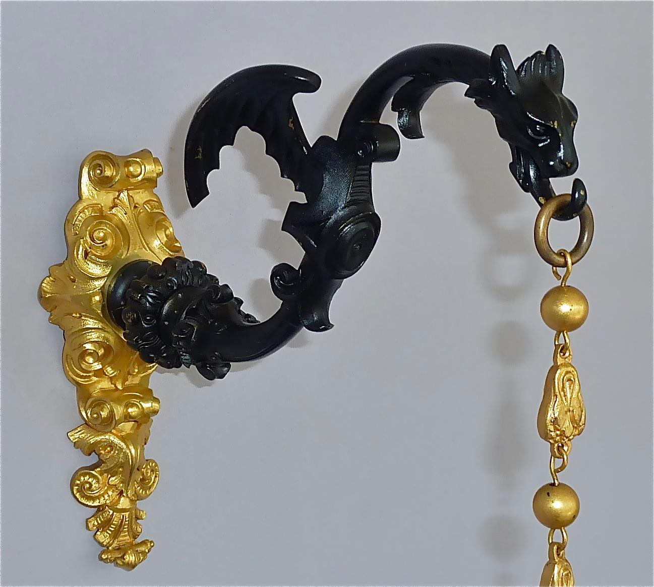 Rare Pair Charles X Wall Hanging Candelabras Dragon Sconces Bronze Gilt Iron 12