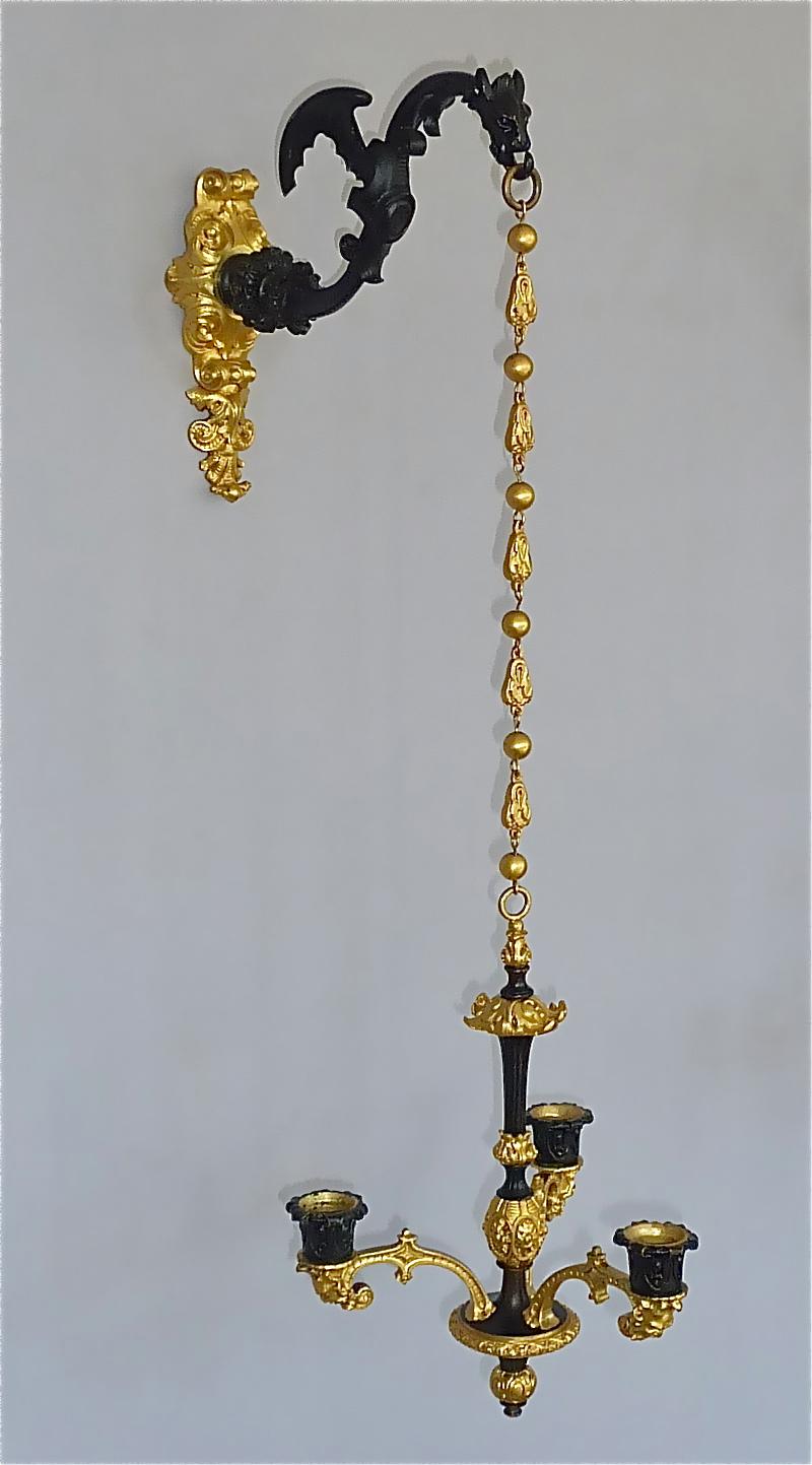 Rare Pair Charles X Wall Hanging Candelabras Dragon Sconces Bronze Gilt Iron 13