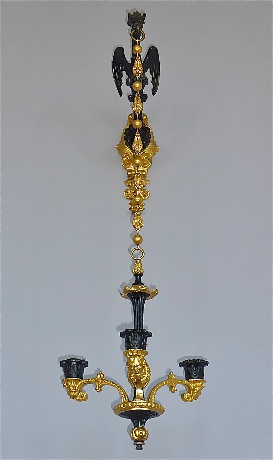 French Rare Pair Charles X Wall Hanging Candelabras Dragon Sconces Bronze Gilt Iron