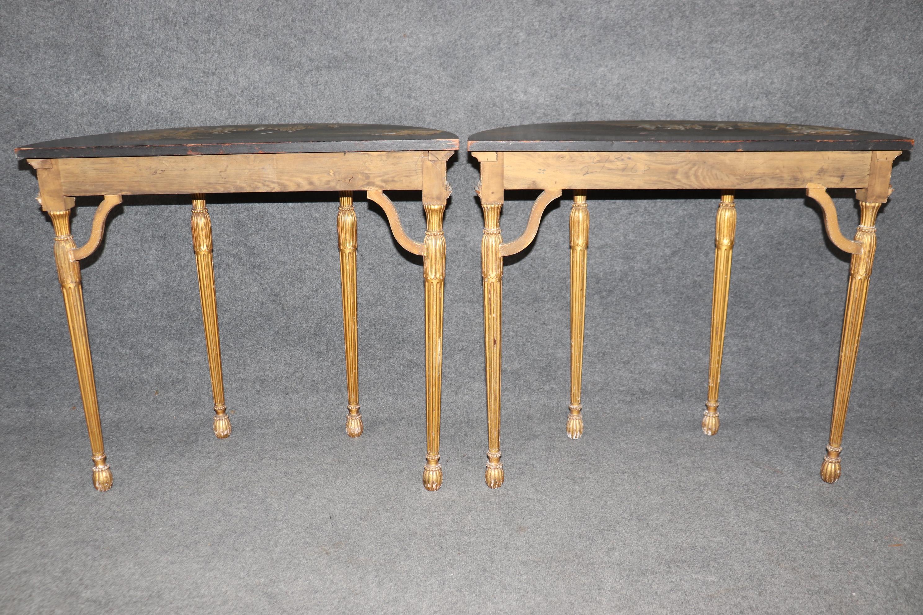 Rare Pair Chinoiserie Paint Decorated Demilune Giltwood Console Tables 3