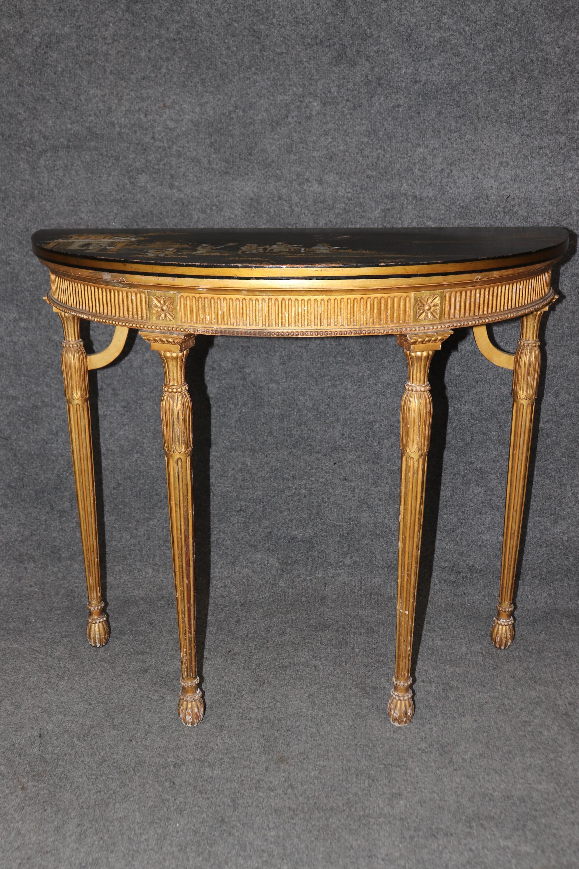 Rare Pair Chinoiserie Paint Decorated Demilune Giltwood Console Tables 5