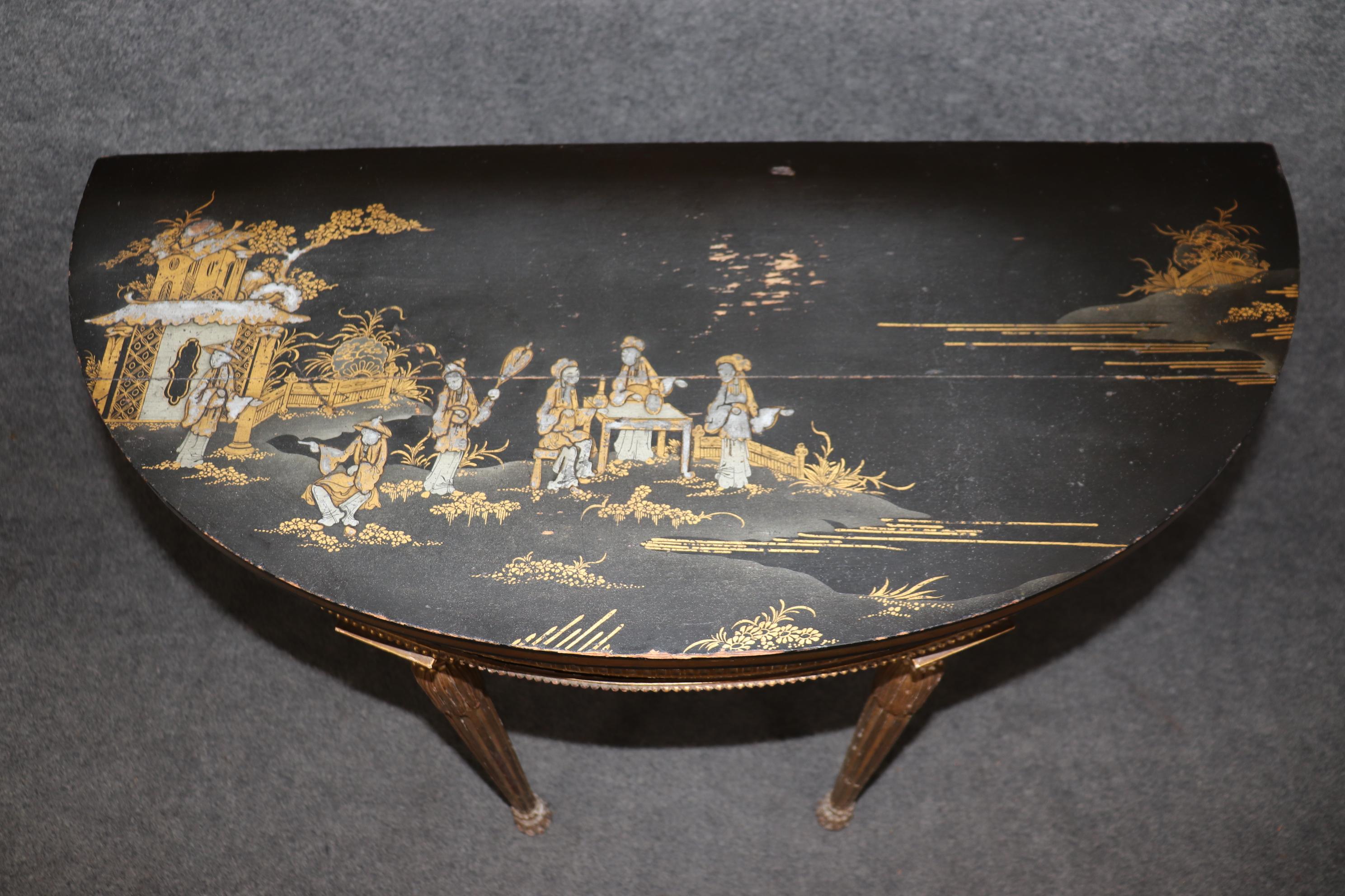 This is a gorgeous pair of chinoiserie paint decorated console tables in the Georgian style with beautiful, gilded frames and original chinoiserie painted tops. The tables need some minor detailing to make them even better than they already are, and
