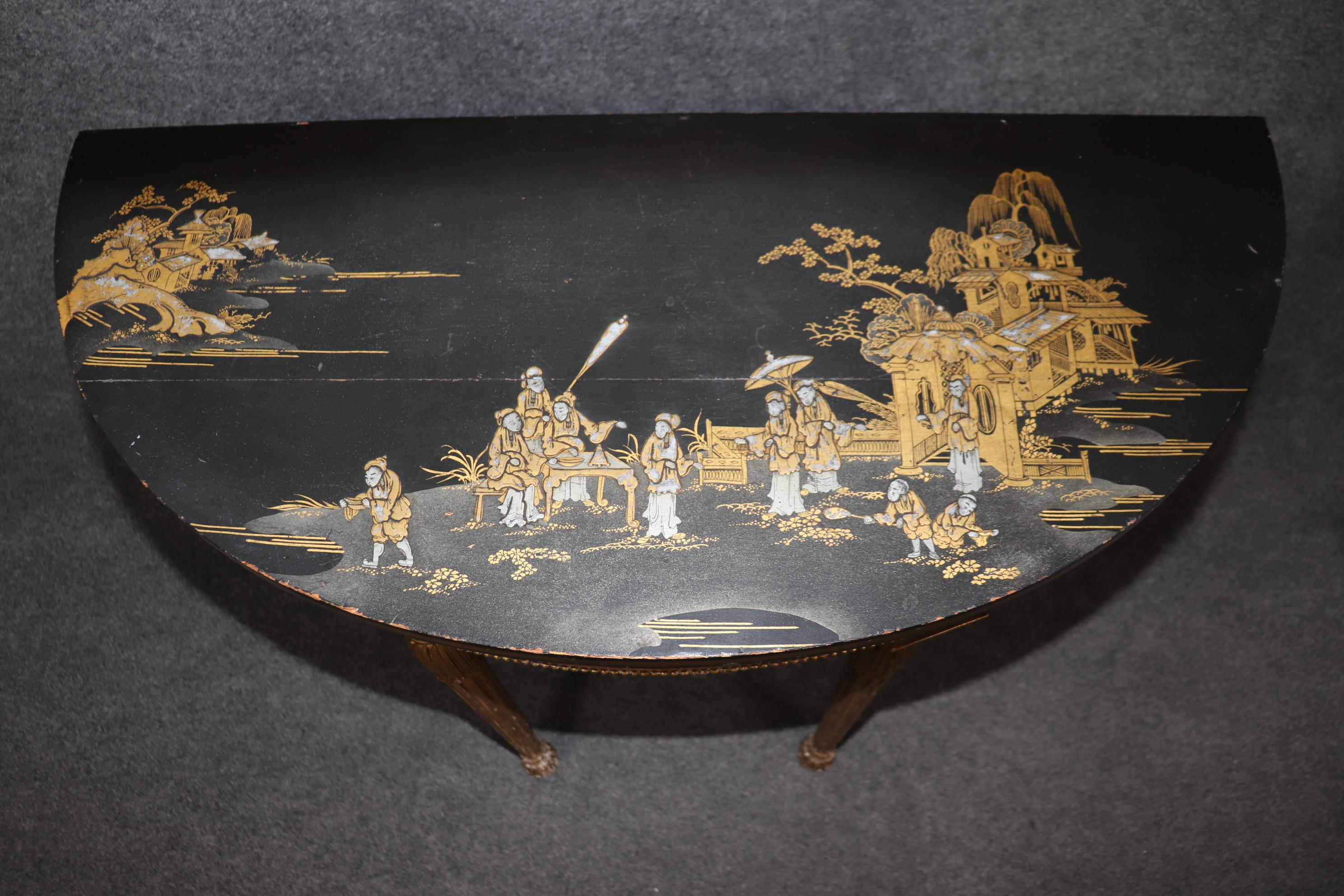 Georgian Rare Pair Chinoiserie Paint Decorated Demilune Giltwood Console Tables