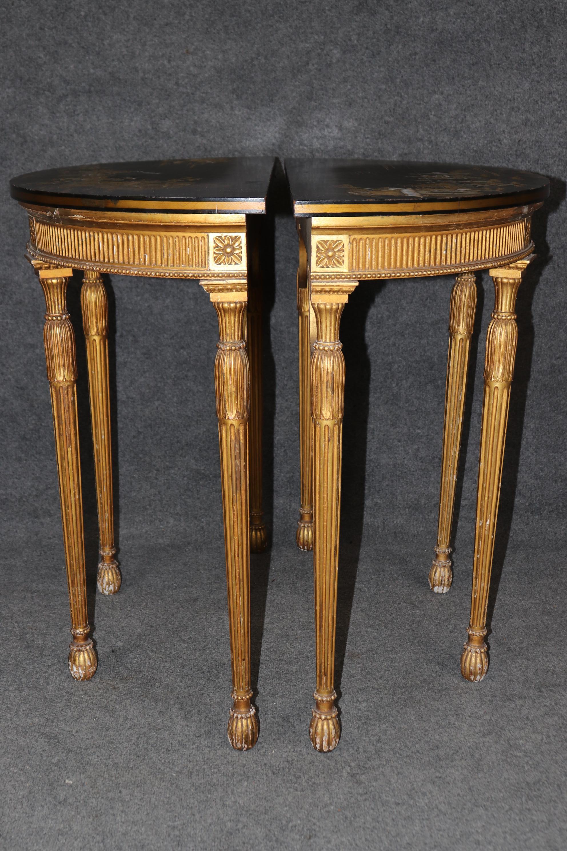 Rare Pair Chinoiserie Paint Decorated Demilune Giltwood Console Tables 1