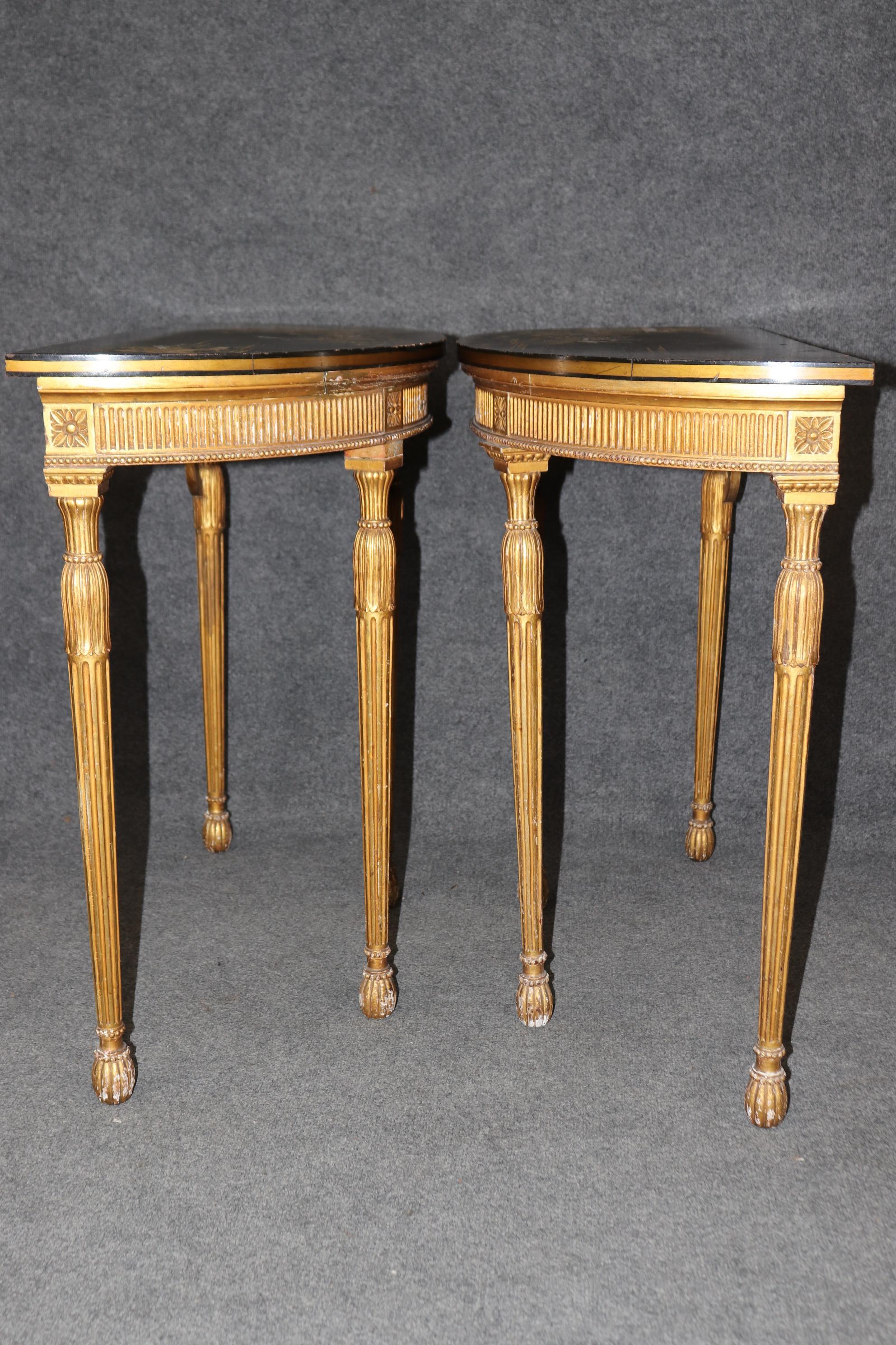 Rare Pair Chinoiserie Paint Decorated Demilune Giltwood Console Tables 2