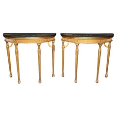 Rare Pair Chinoiserie Paint Decorated Demilune Giltwood Console Tables