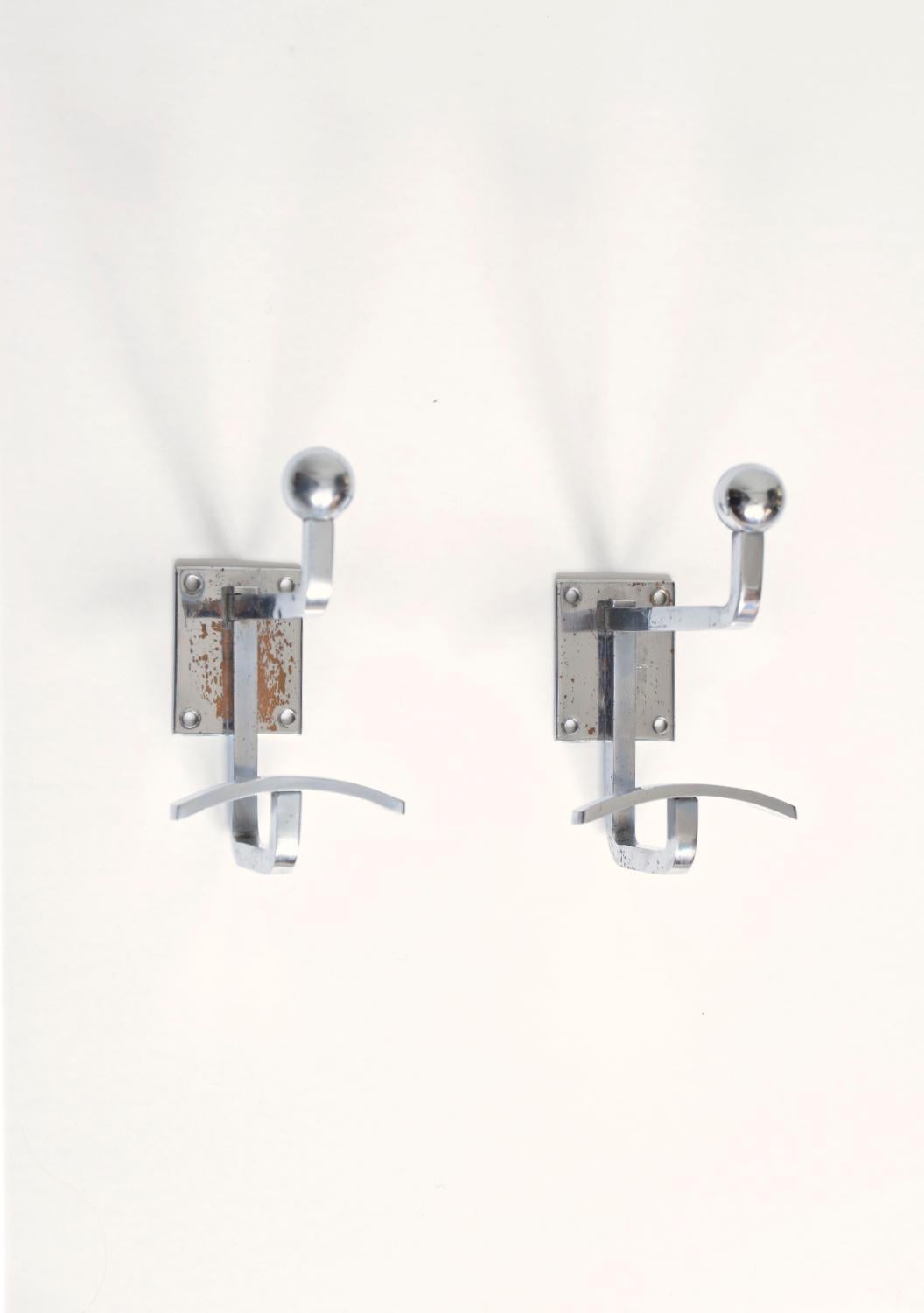 Hand-Crafted Rare Pair Chrome Jean Royere Coat Hooks Racks Hangers Mid-Century French 1950s For Sale