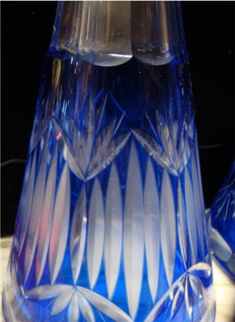 Rare Pair Cobalt Blue Baccarat Style Cut Crystal French Etched Glass Decanters In Good Condition For Sale In New York, NY