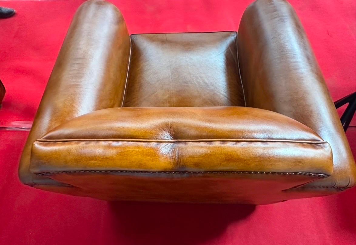 Pair Distressed Cognac Leather French Art Deco Mustache Cigar Club Chairs For Sale 5
