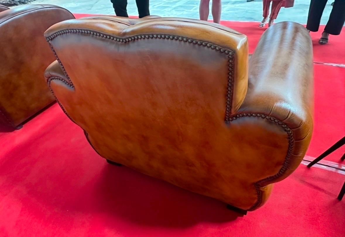 Pair Distressed Cognac Leather French Art Deco Mustache Cigar Club Chairs For Sale 6