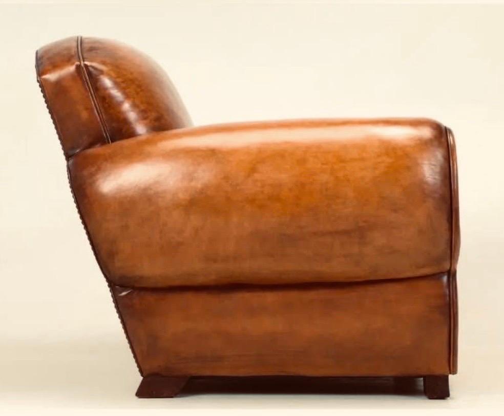 Contemporary Pair Distressed Cognac Leather French Art Deco Mustache Cigar Club Chairs For Sale