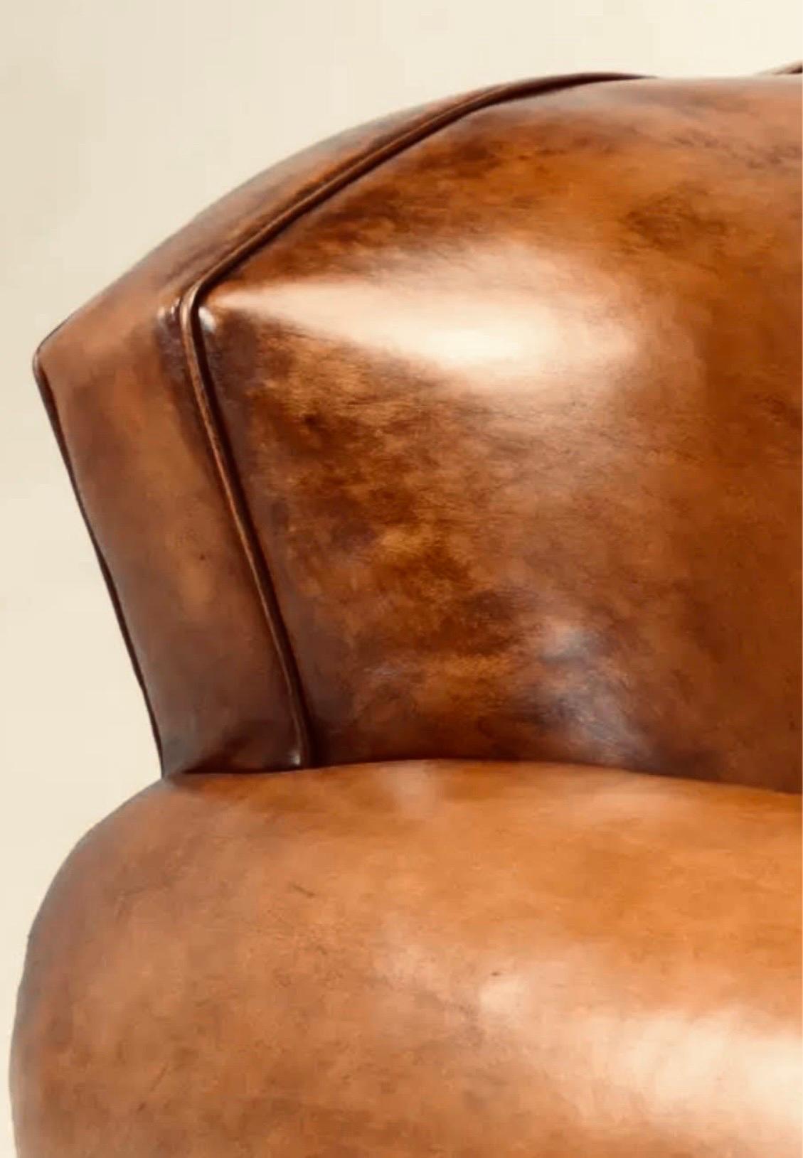 Pair Distressed Cognac Leather French Art Deco Mustache Cigar Club Chairs For Sale 1