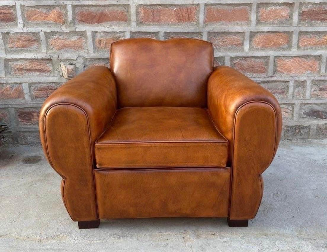 Pair Distressed Cognac Leather French Art Deco Mustache Cigar Club Chairs For Sale 2