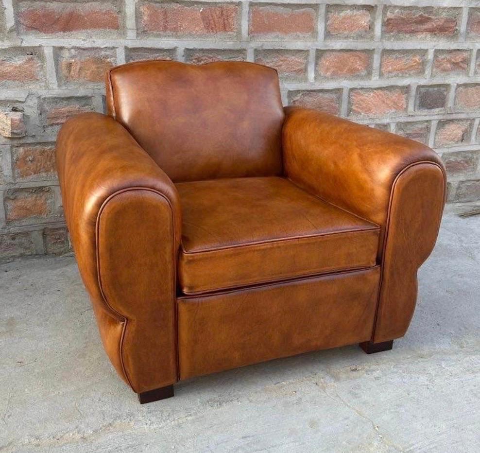 Pair Distressed Cognac Leather French Art Deco Mustache Cigar Club Chairs For Sale 3