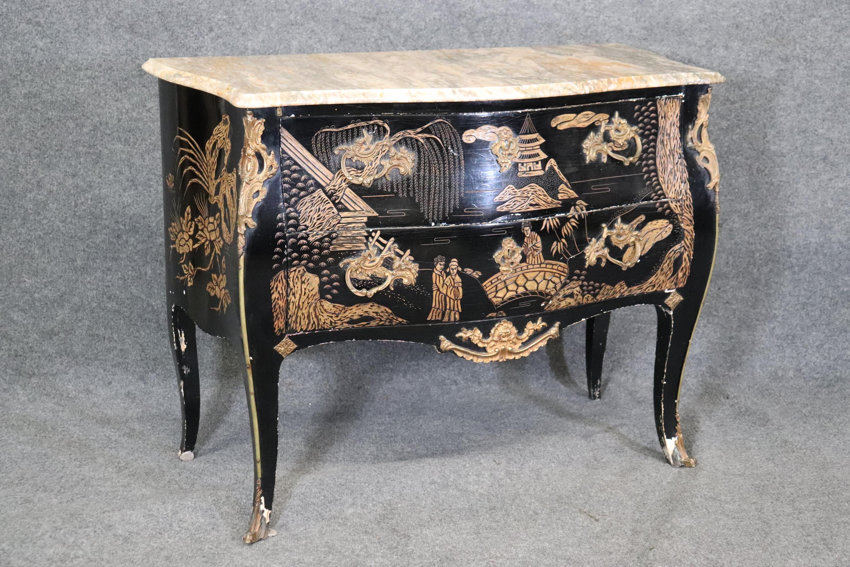 Rare Pair Coromandel Carved Lacquer Mable Top French Louis XV Style Commodes  For Sale 5