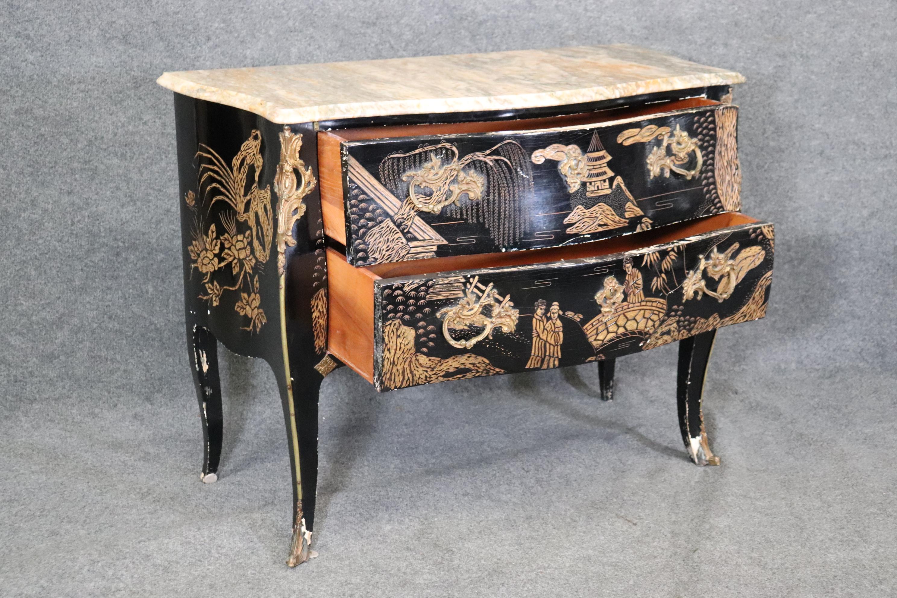 Rare Pair Coromandel Carved Lacquer Mable Top French Louis XV Style Commodes  For Sale 6