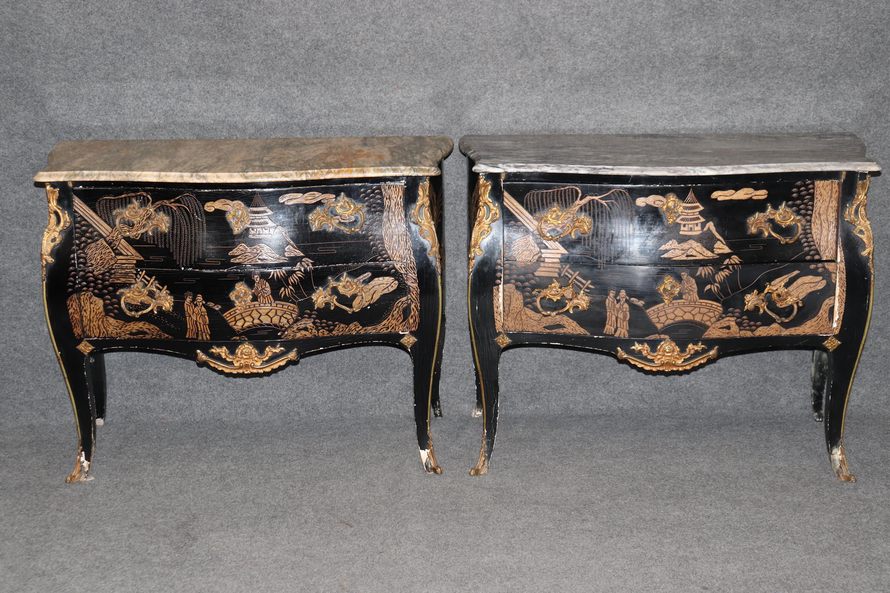 Rare Pair Coromandel Carved Lacquer Mable Top French Louis XV Style Commodes  For Sale 1