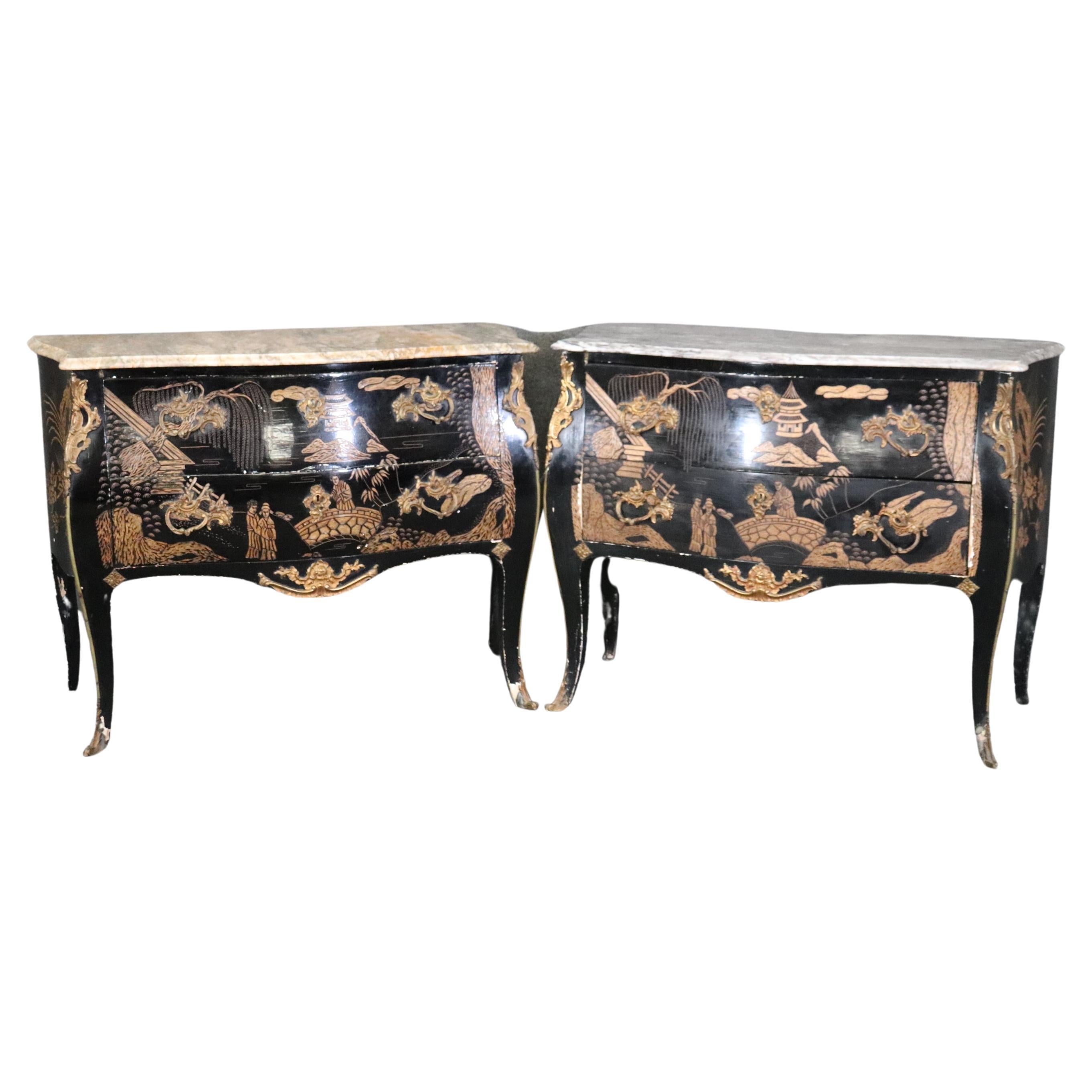 Rare Pair Coromandel Carved Lacquer Mable Top French Louis XV Style Commodes  For Sale