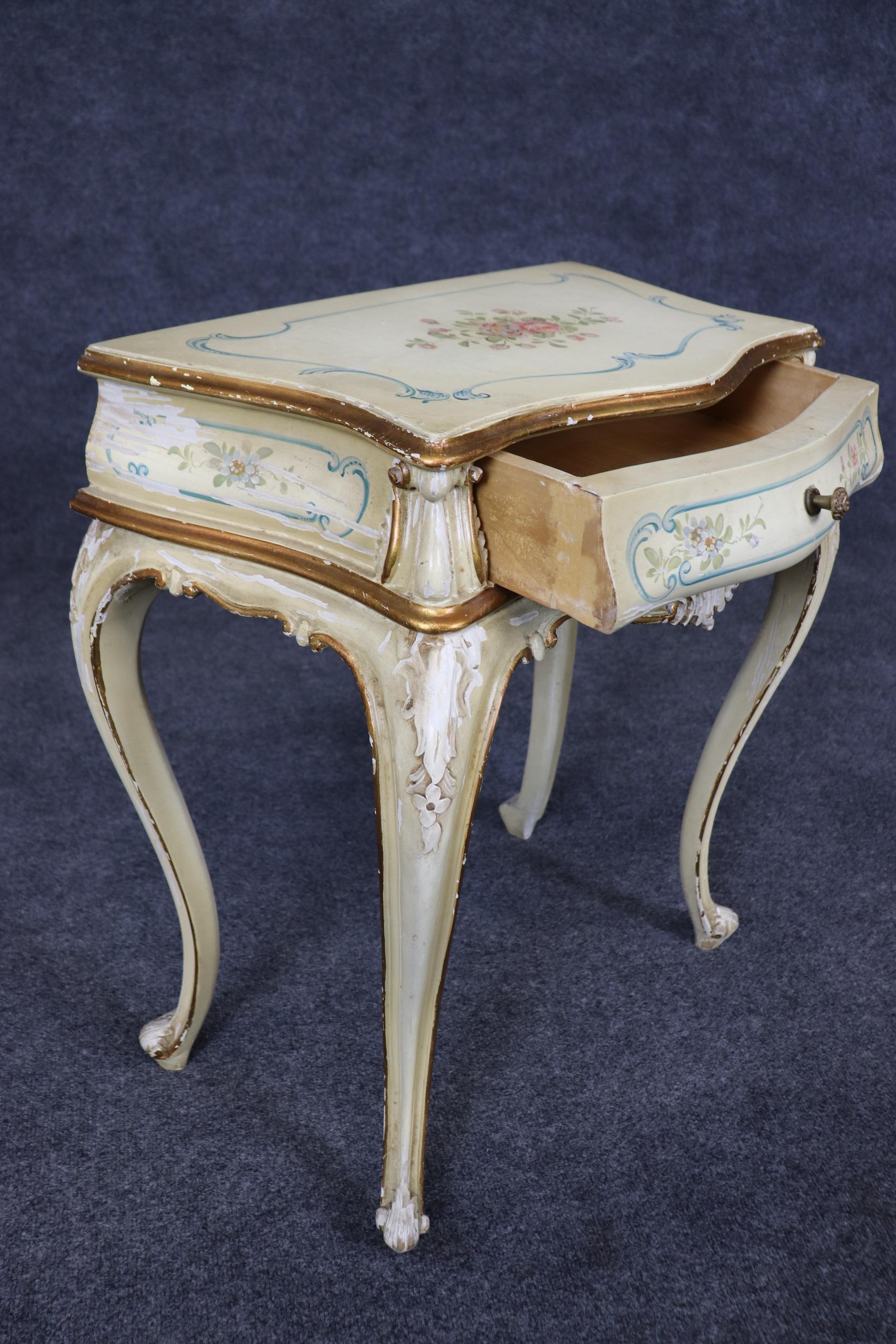 Walnut Rare Pair Distressed Paint Decorated Venetian Italian Nightstands Circa 1920s For Sale