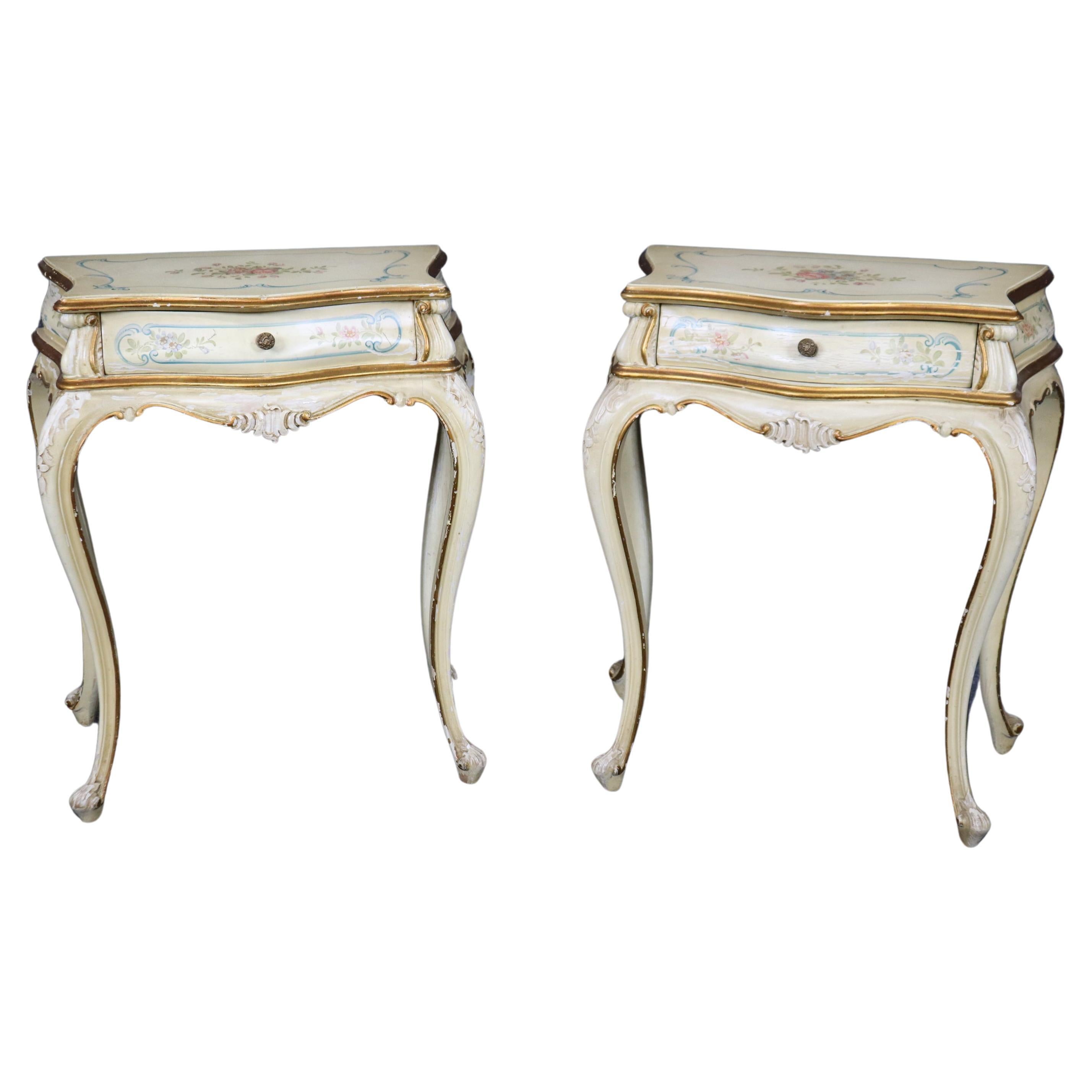 Rare Pair Distressed Paint Decorated Venetian Italian Nightstands Circa 1920s 