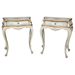 Rare Pair Distressed Paint Decorated Venetian Italian Nightstands Circa 1920s