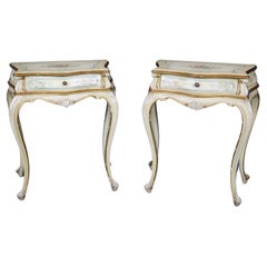 Antique Rare Pair Distressed Paint Decorated Venetian Italian Nightstands Circa 1920s 