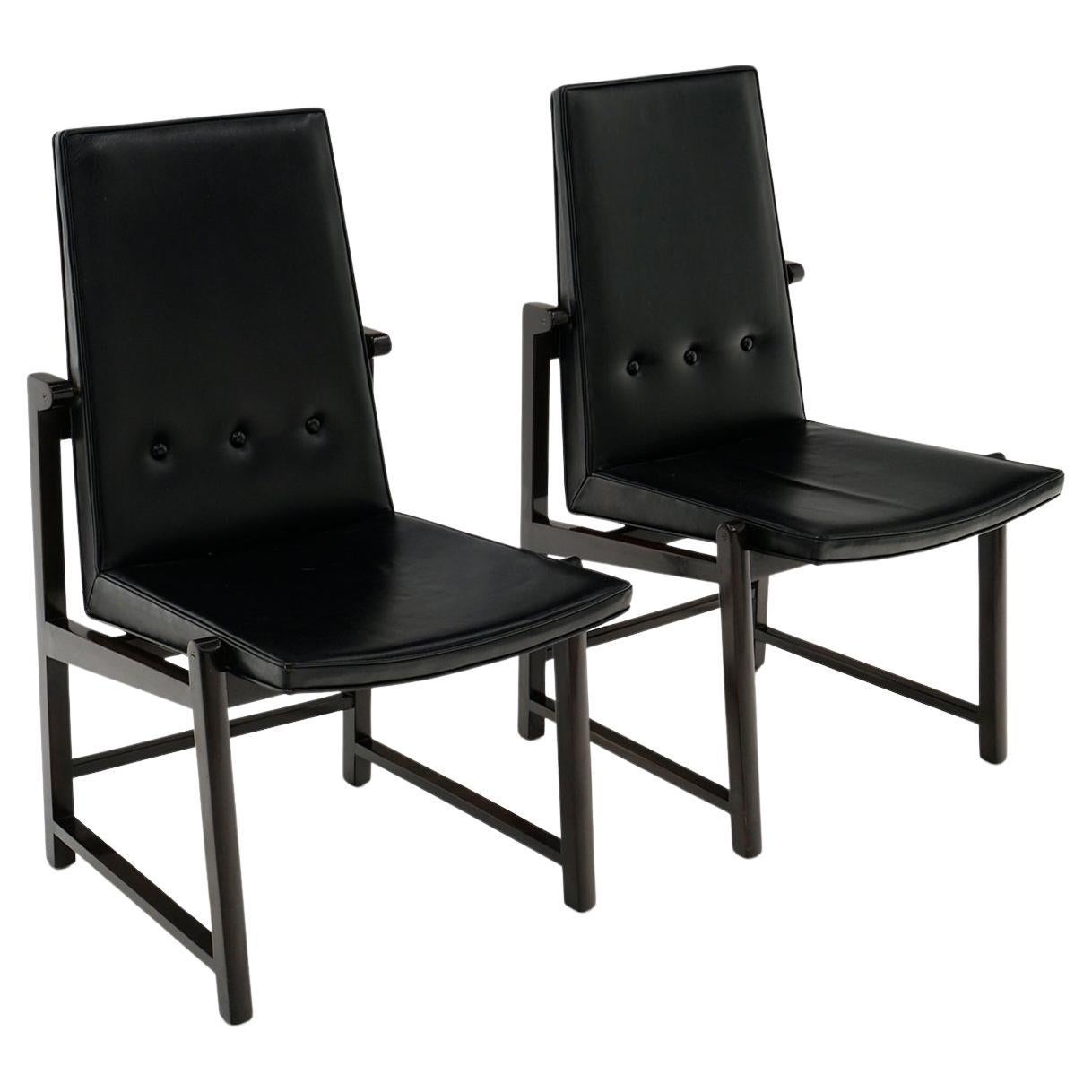 Rare Pair Dunbar Dining Chairs in Original Black Leather, Mahogany Frames, Signed