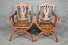 Rare Pair Dutch Marquetry Circa 1880s era Inlaid Savonarolla Armchairs