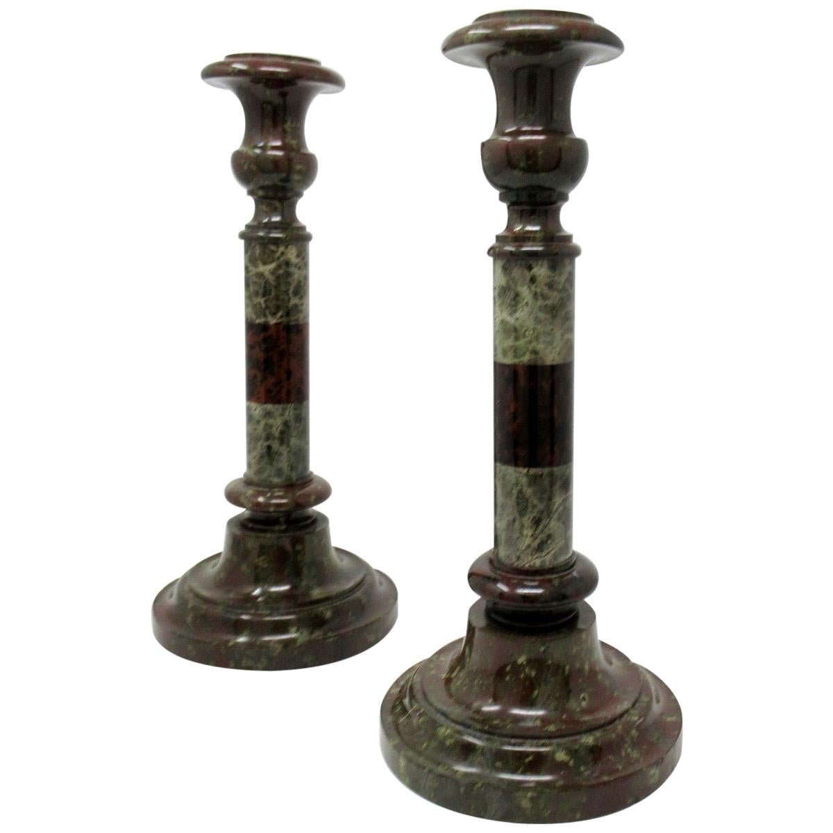 Rare Pair of English Cornish Serpentine Marble Candlesticks John Murphy 1850