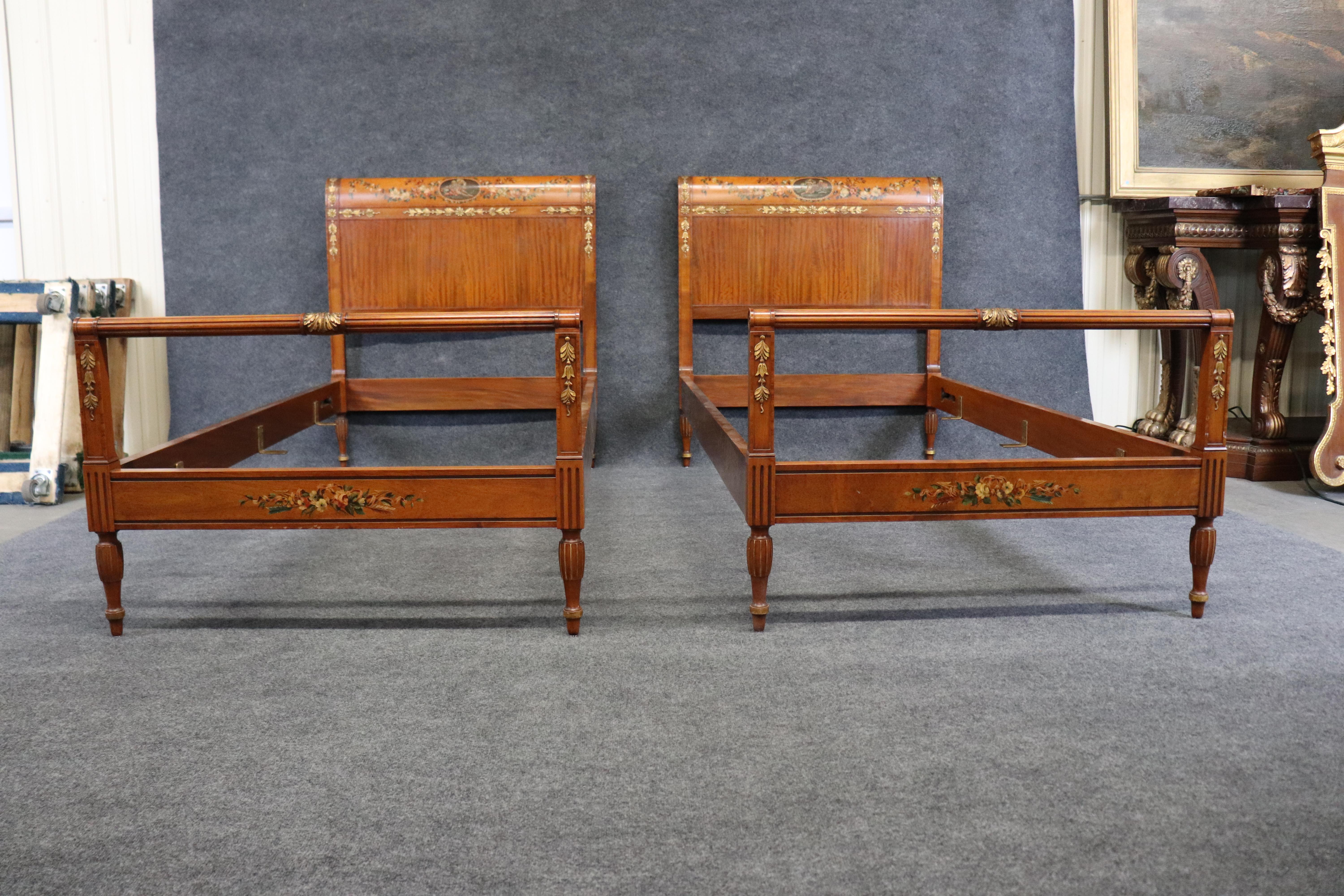 Adam Style Rare Pair English Satinwood Paint Decorated Adams Style Twin Single Size Beds For Sale