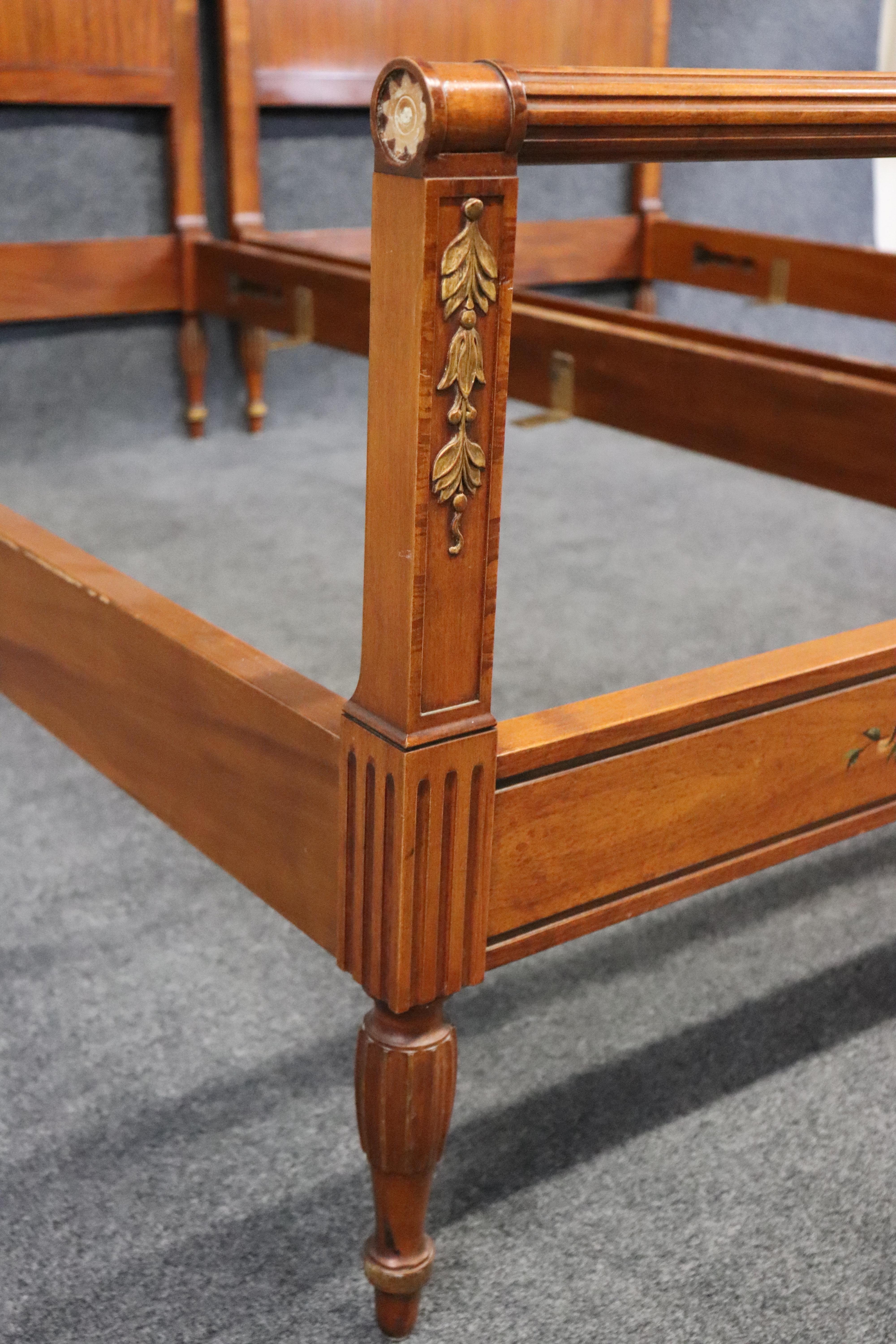 Early 20th Century Rare Pair English Satinwood Paint Decorated Adams Style Twin Single Size Beds For Sale