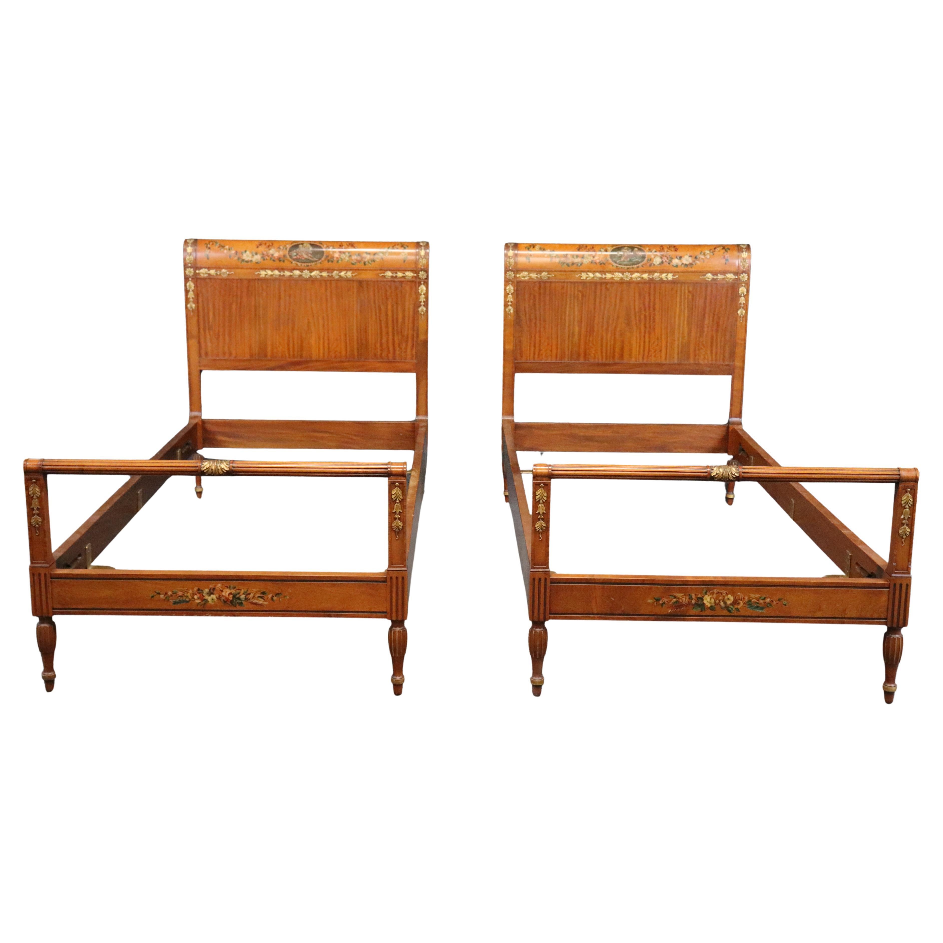 Rare Pair English Satinwood Paint Decorated Adams Style Twin Single Size Beds