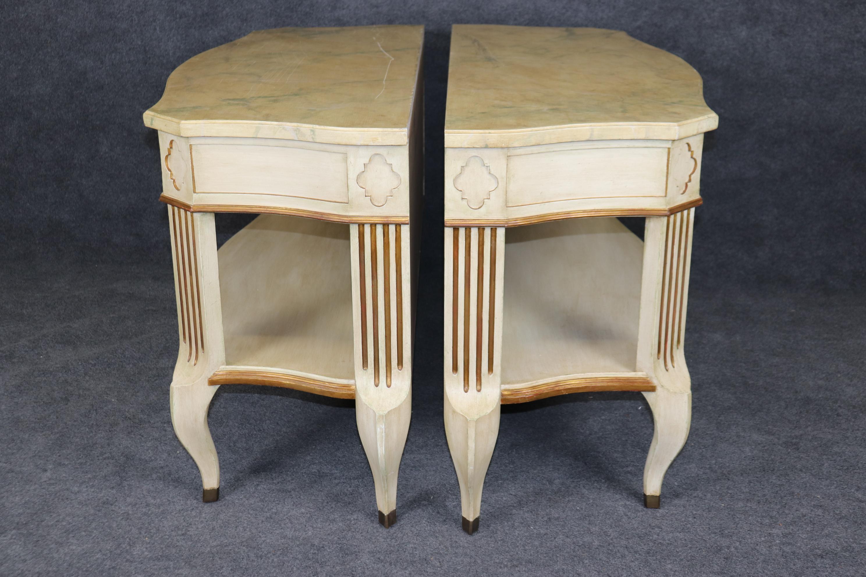 Regency Revival Rare Pair Faux Painted Marble Top French regency Style Mirrored Console Tables For Sale