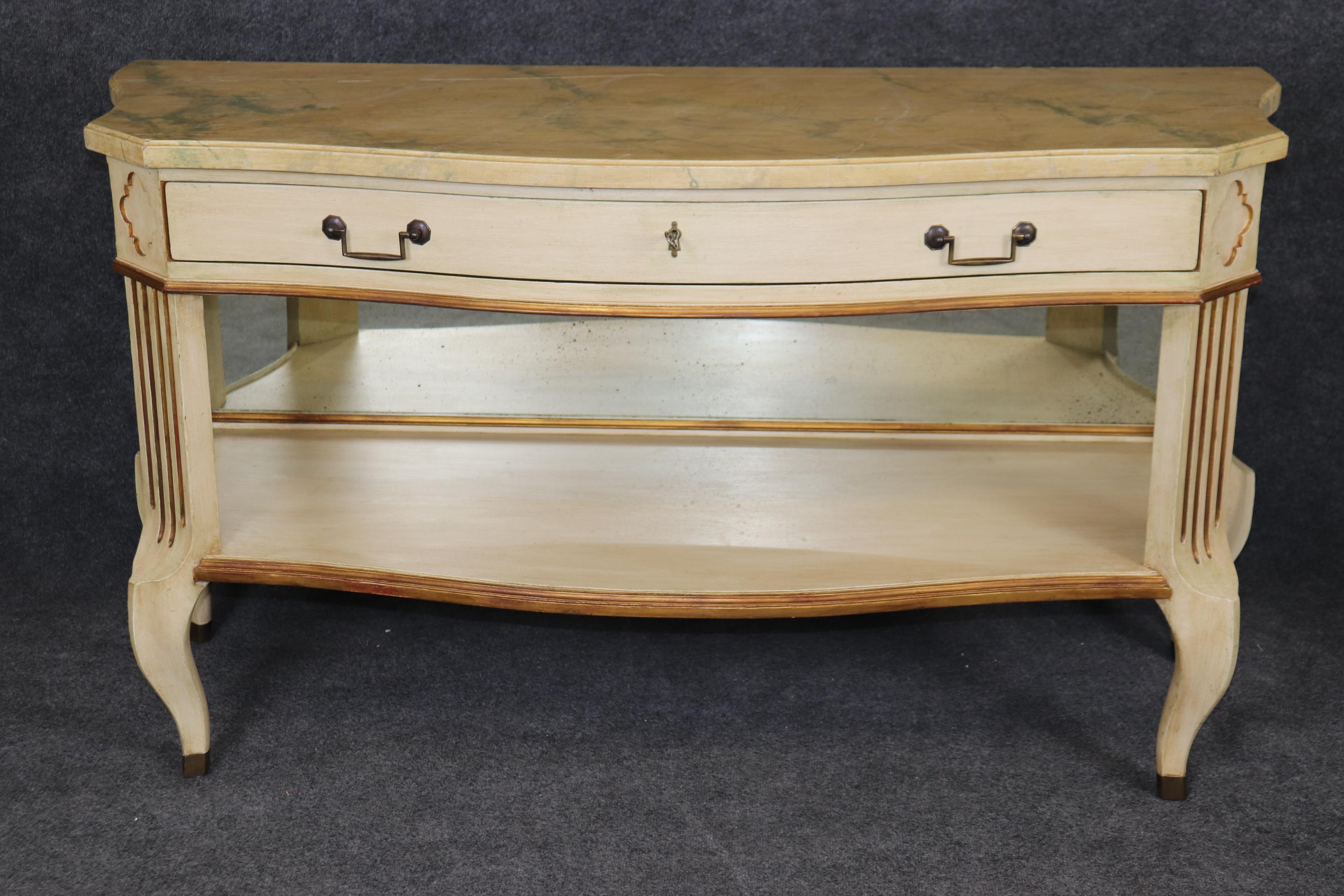 Rare Pair Faux Painted Marble Top French regency Style Mirrored Console Tables In Good Condition For Sale In Swedesboro, NJ