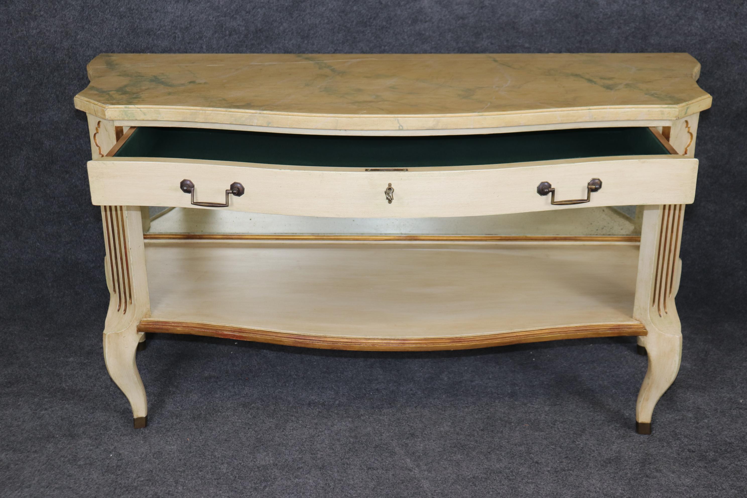 Mid-20th Century Rare Pair Faux Painted Marble Top French regency Style Mirrored Console Tables For Sale