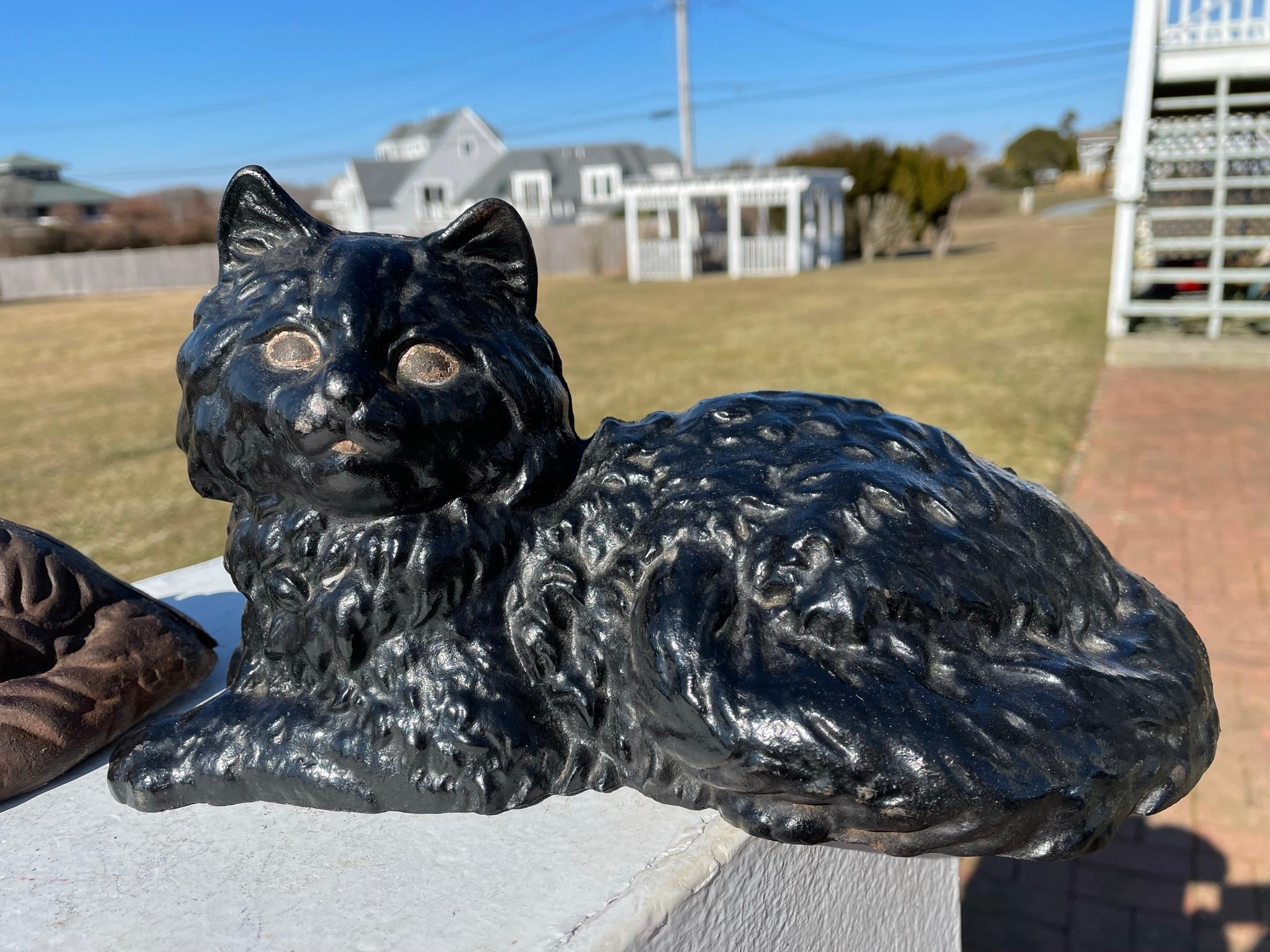 Iron Rare Pair Fine Old Vintage Black and Brown Garden Cats For Sale