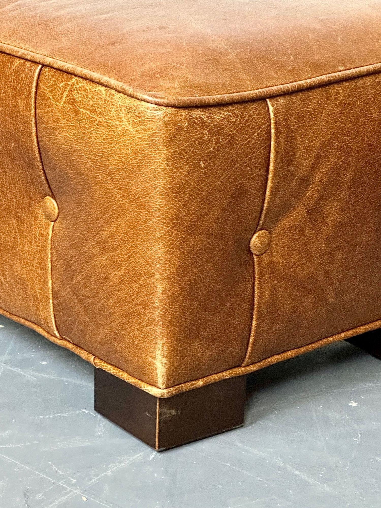French Designer, Art Deco, Ottomans, Footstools, Distressed Leather, 1930s For Sale 5