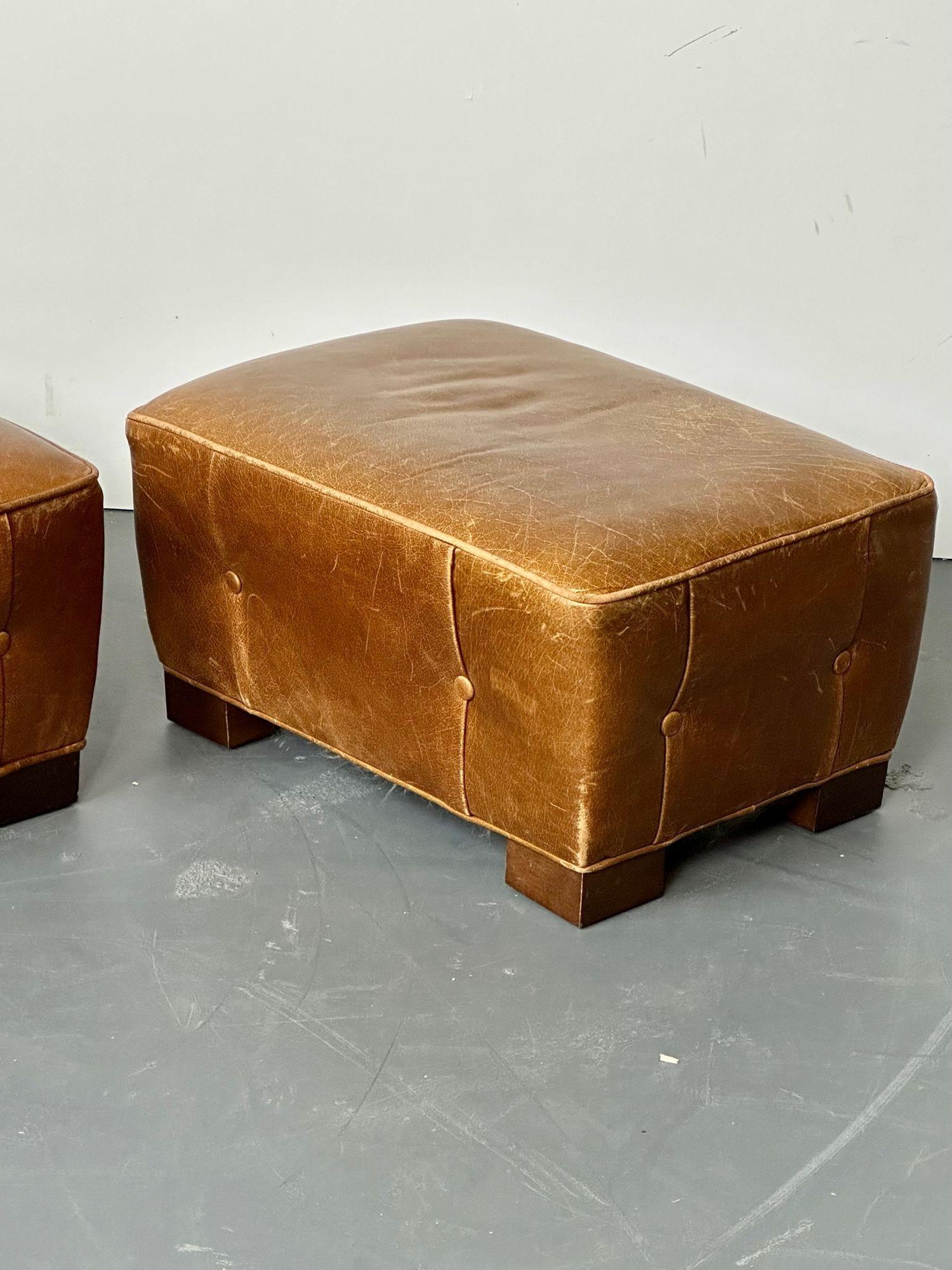 French Designer, Art Deco, Ottomans, Footstools, Distressed Leather, 1930s For Sale 6
