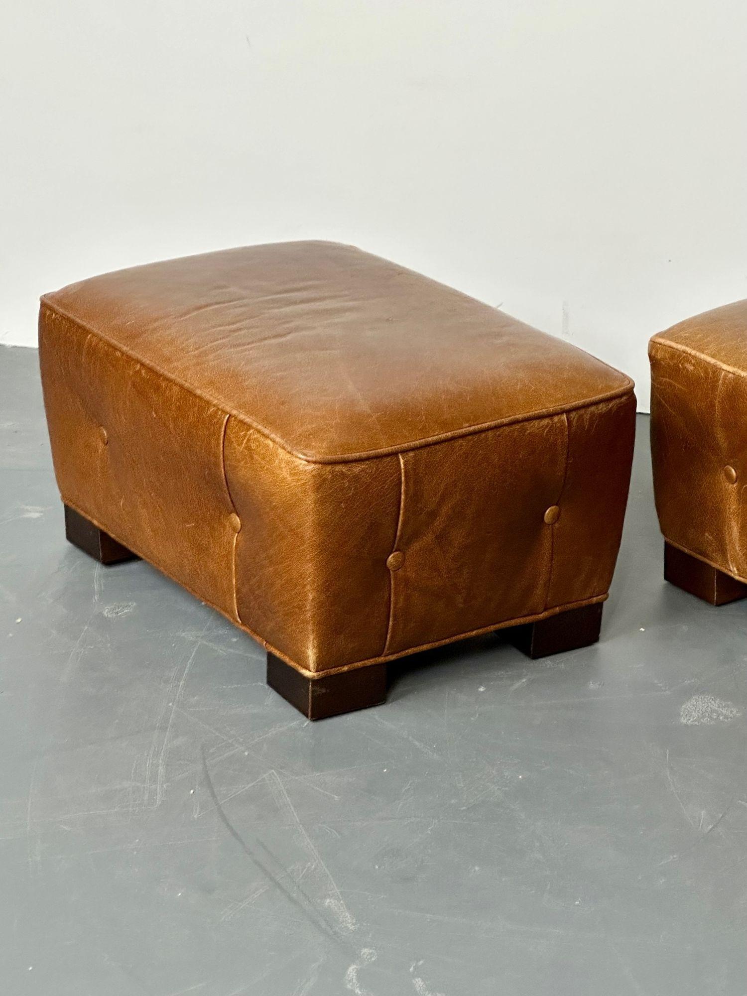 French Designer, Art Deco, Ottomans, Footstools, Distressed Leather, 1930s For Sale 7