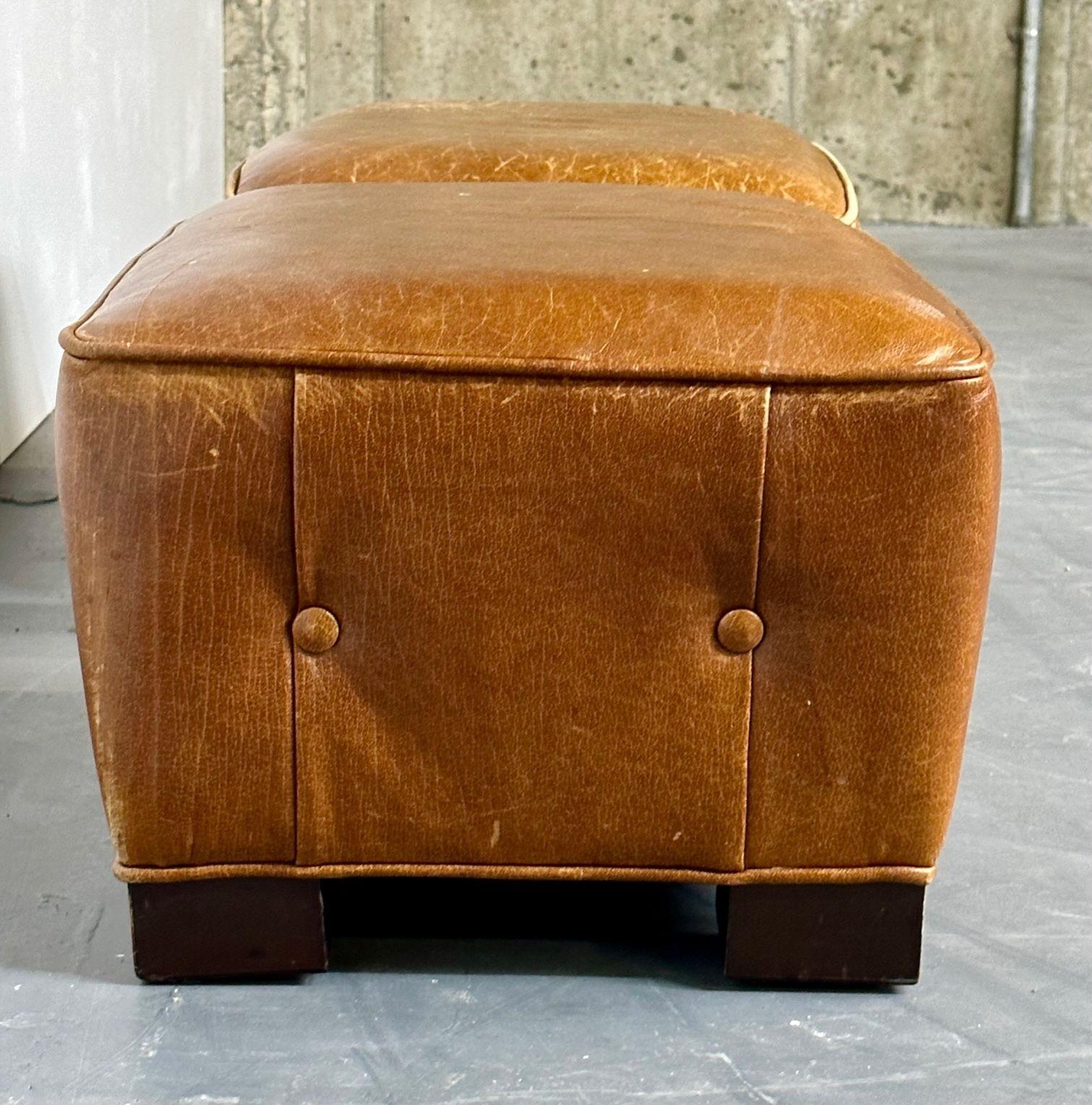 French Designer, Art Deco, Ottomans, Footstools, Distressed Leather, 1930s For Sale 8