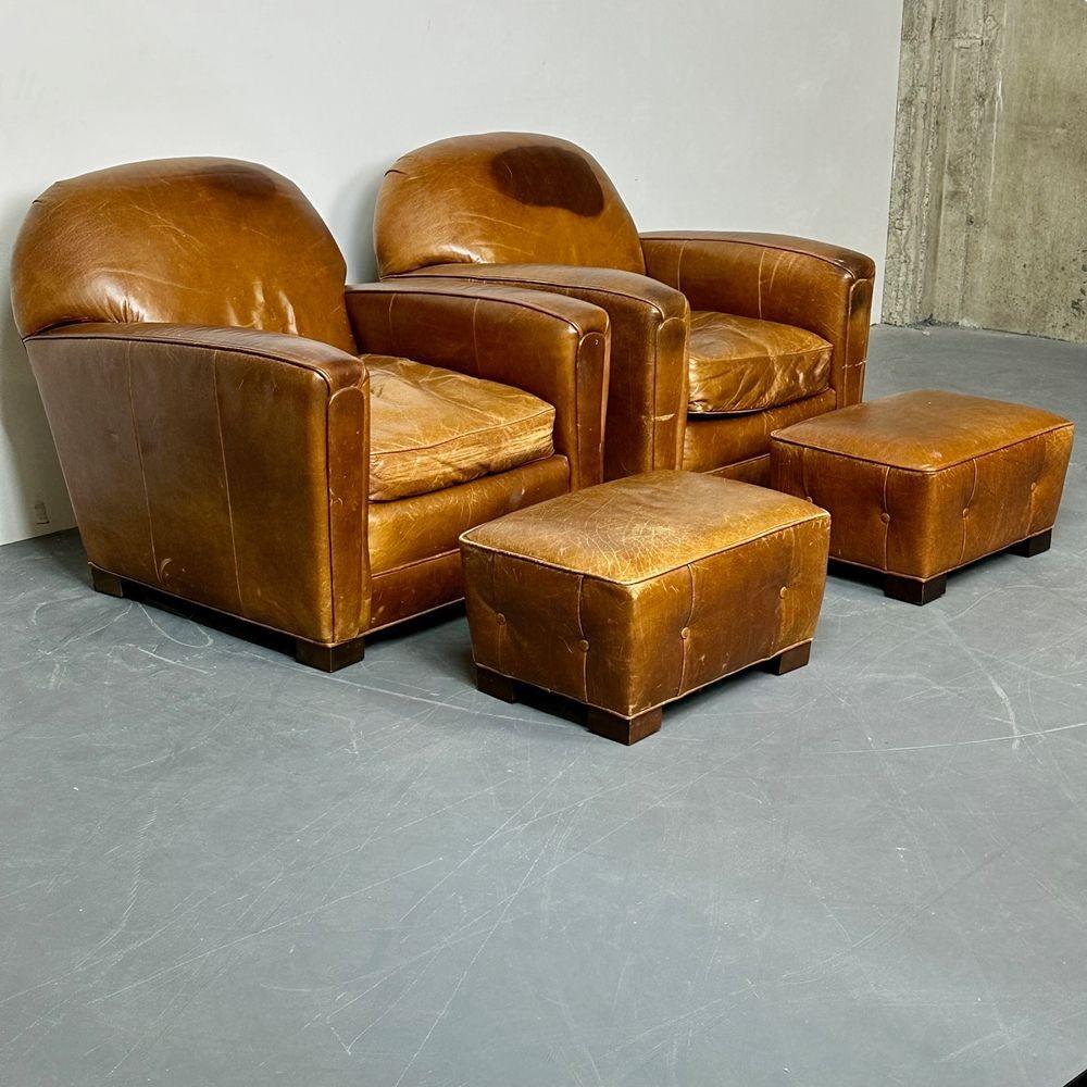 French Designer, Art Deco, Ottomans, Footstools, Distressed Leather, 1930s In Good Condition For Sale In Stamford, CT