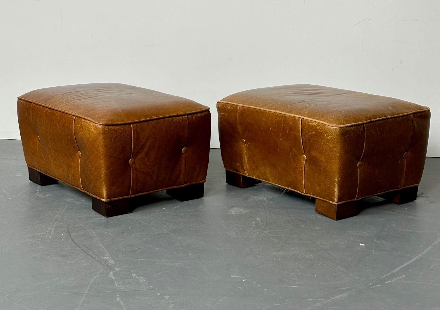 20th Century French Designer, Art Deco, Ottomans, Footstools, Distressed Leather, 1930s For Sale