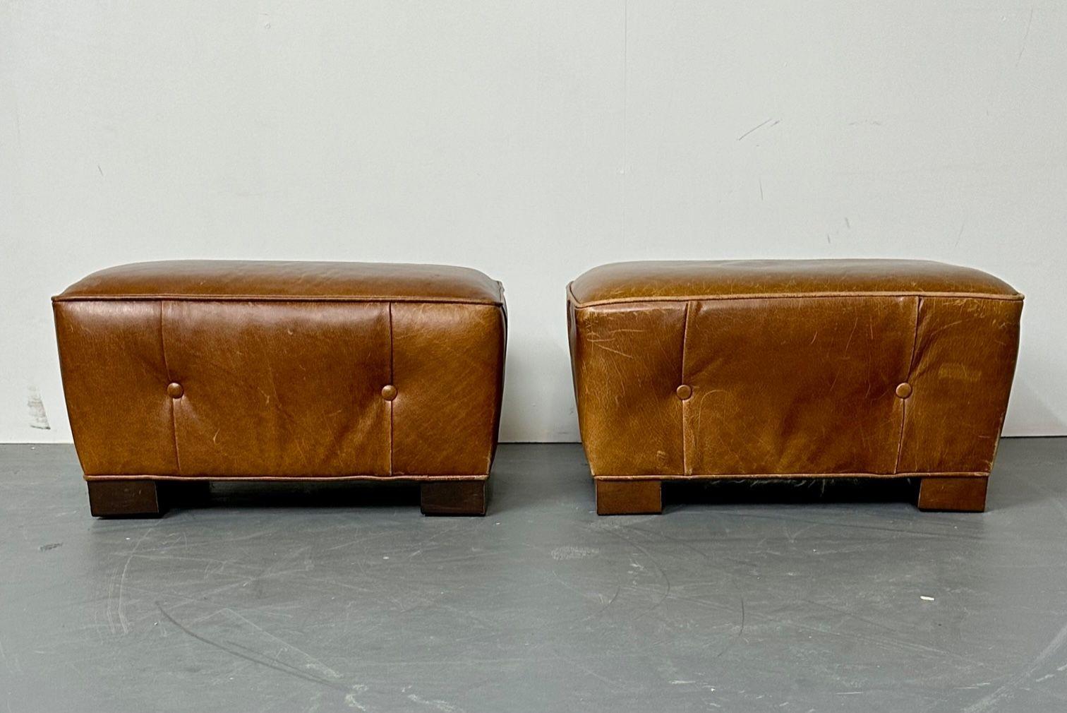 French Designer, Art Deco, Ottomans, Footstools, Distressed Leather, 1930s For Sale 1