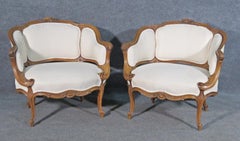 Rare Pair French Corbeille Carved Walnut Louis XV Bergere Chairs, Circa 1890s