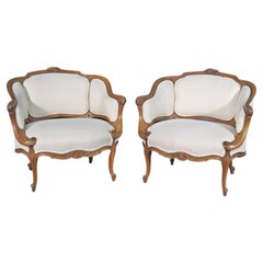 Rare Pair French Corbeille Carved Walnut Louis XV Bergere Chairs, Circa 1890s